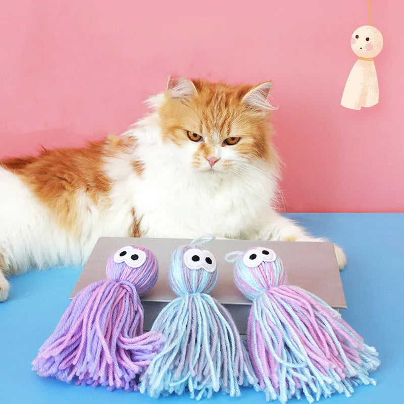 Hanging bite-resistant wool cat ball with teaser stick in blue grey colour option