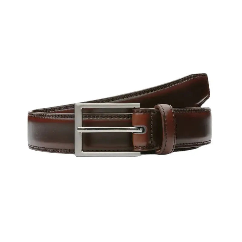 Men's genuine leather belt with alloy buckle in 95 grain pattern showing brown, black, and yellow brown colour options