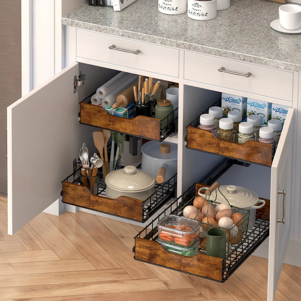 Black wood and iron pull basket drawer storage rack unit 30cm