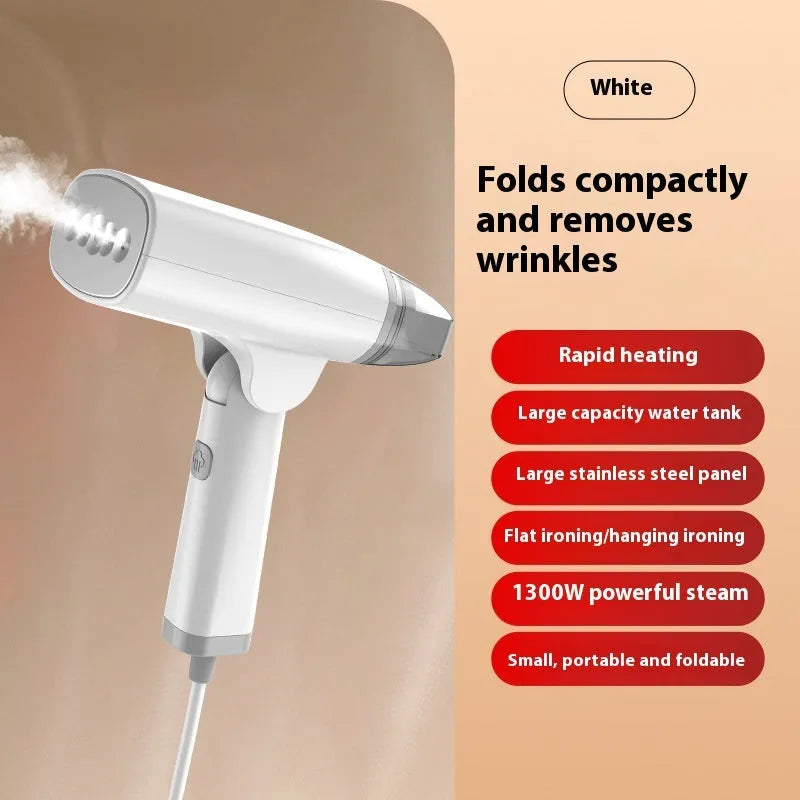 Blue and white handheld garment steamer with water tank and temperature control