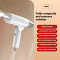 Blue and white handheld garment steamer with water tank and temperature control