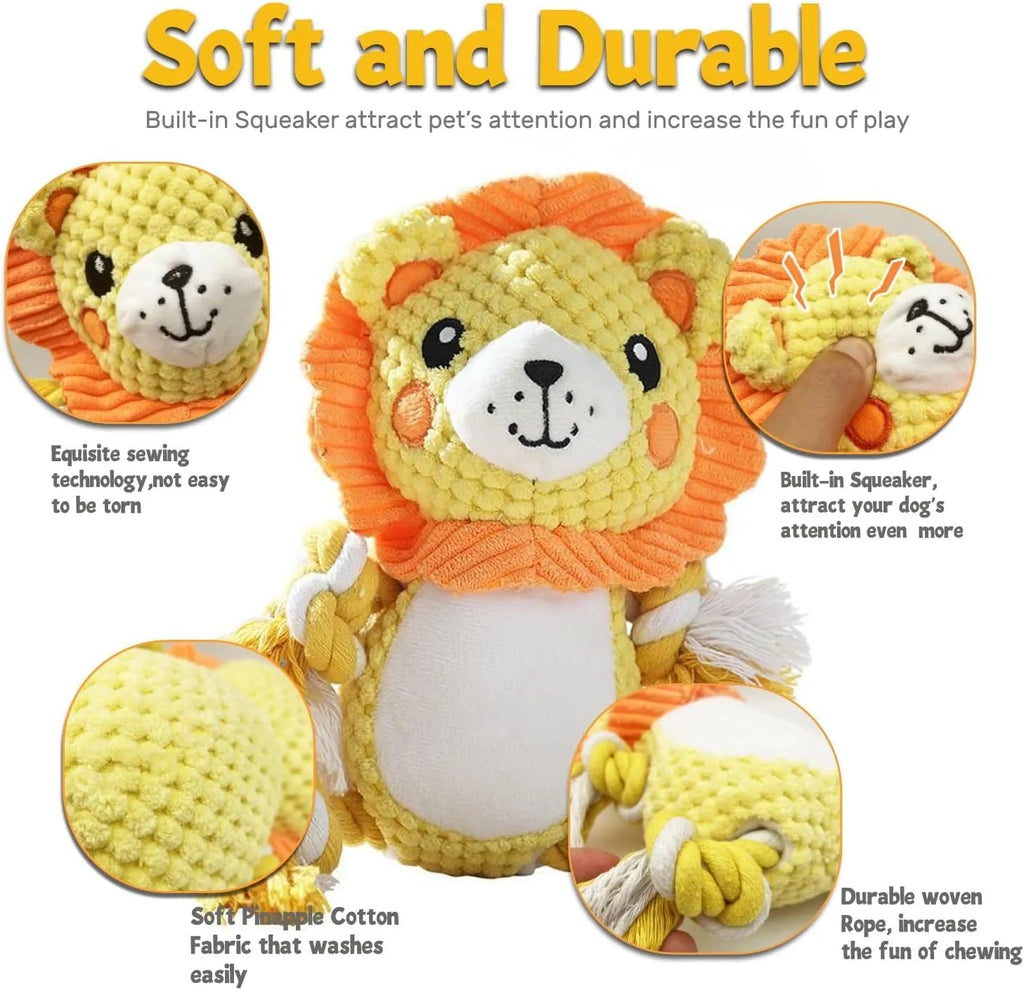 Plush squeaky dog toys showing lion and monkey designs for medium to large dogs