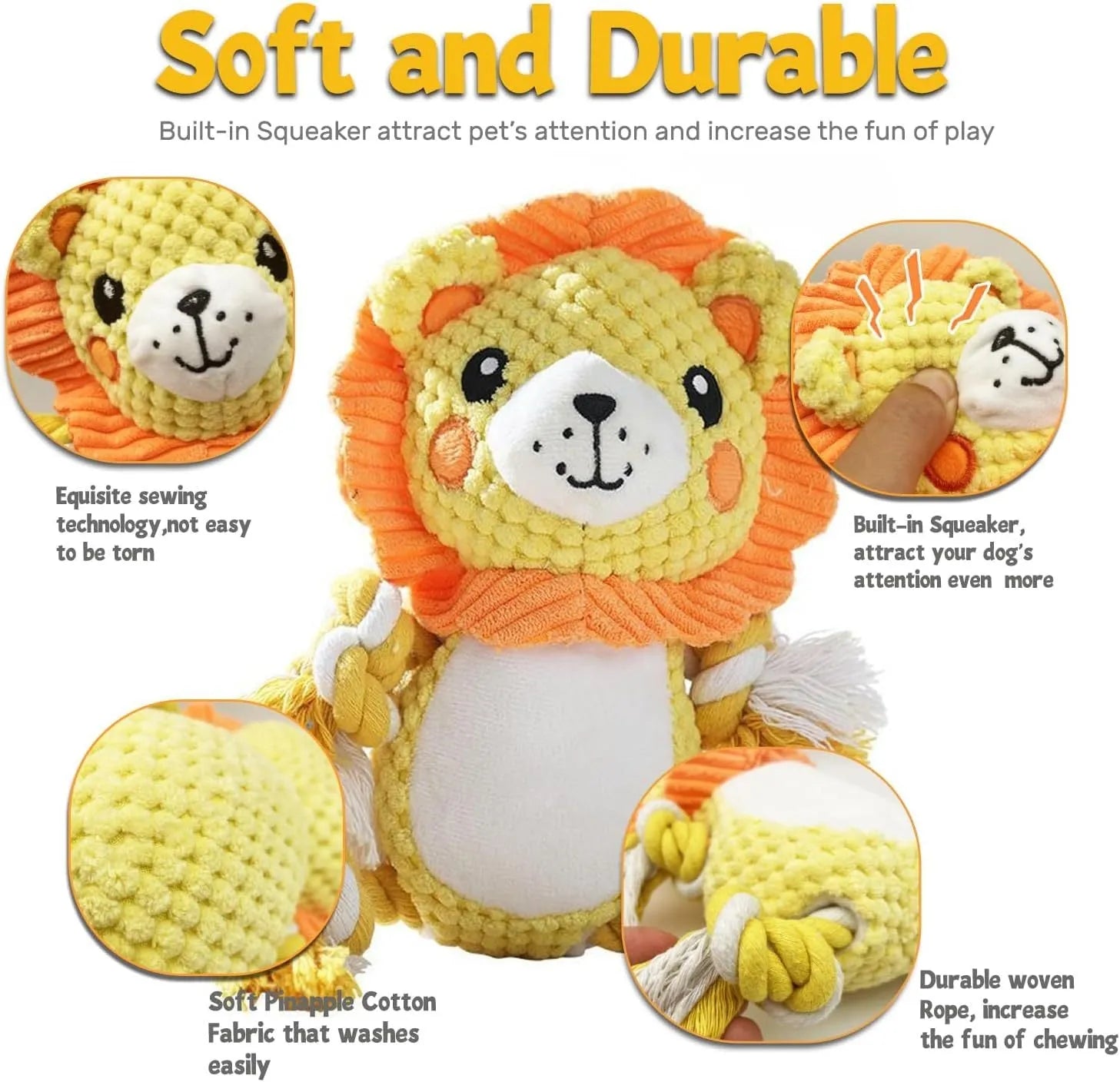 Plush squeaky dog toys showing lion and monkey designs for medium to large dogs