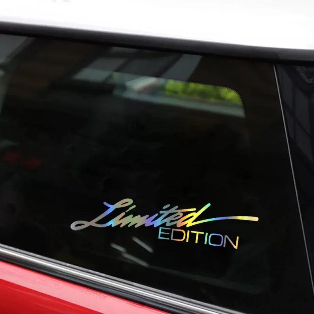 Black laser reflective car sticker with custom text design on vehicle surface
