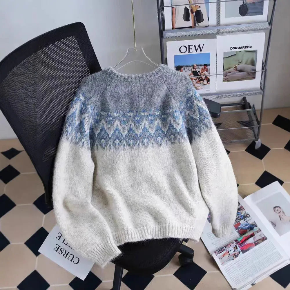 Women's contrast colour jacquard thickened sweater coat loose fit long sleeves