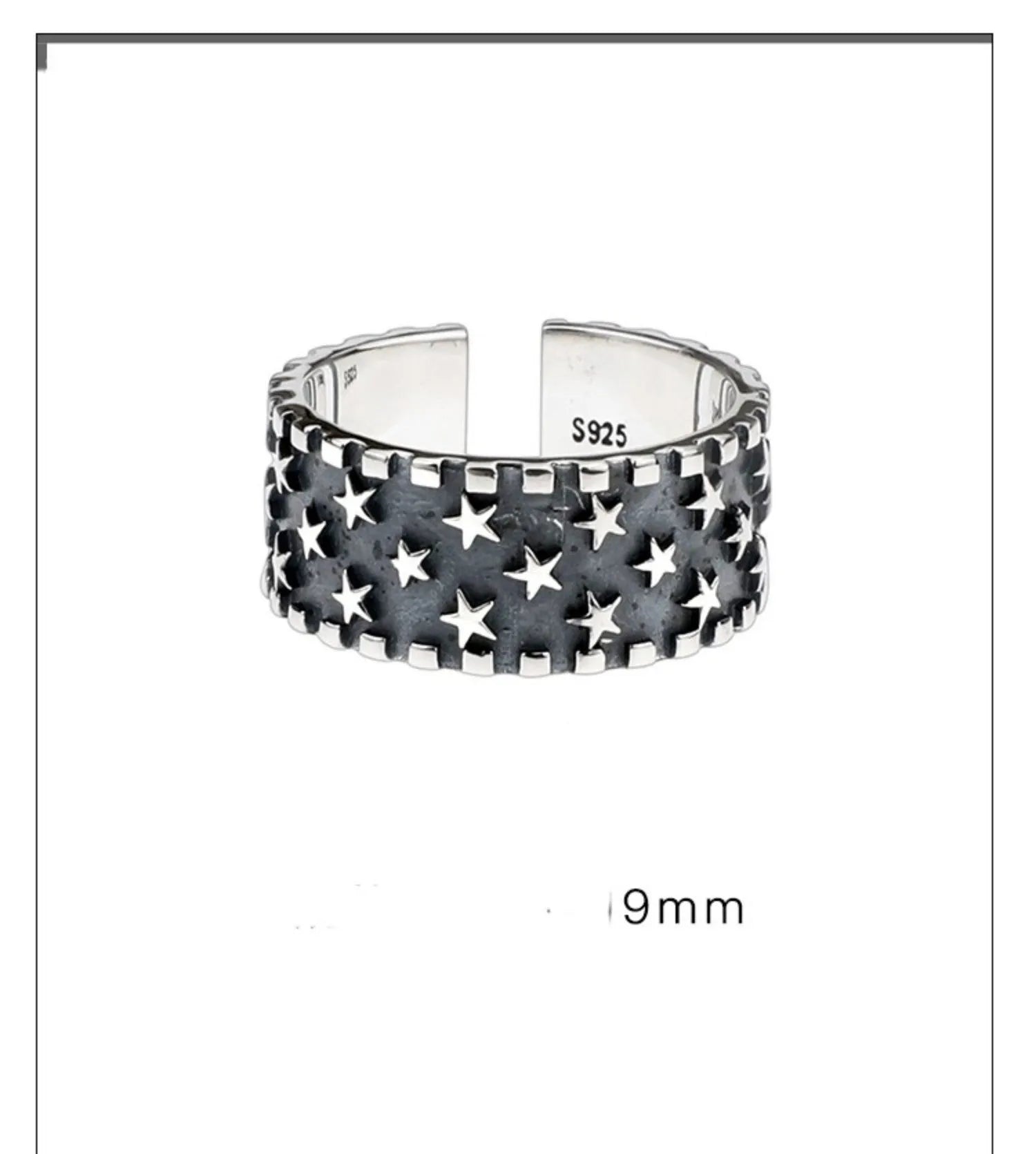 Adjustable sterling silver ring with geometric five-pointed star pattern