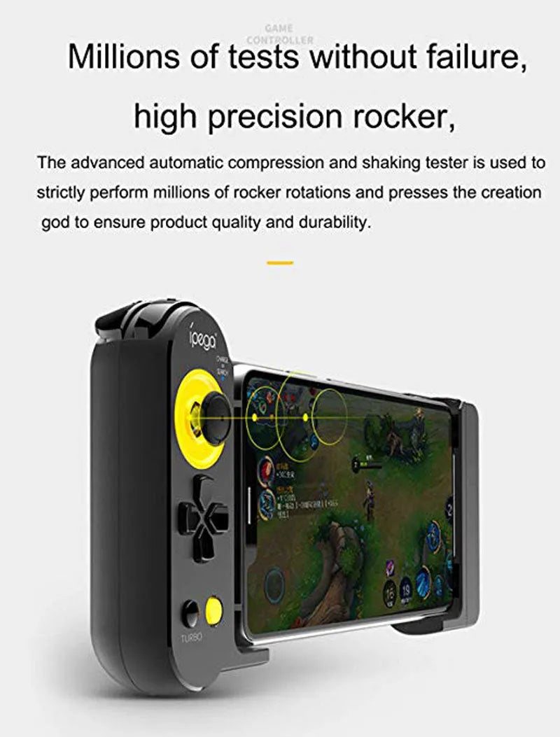 Ipega PG9167 wireless Bluetooth game controller in black ABS plastic with telescopic bracket extended, holding a smartphone for mobile gaming
