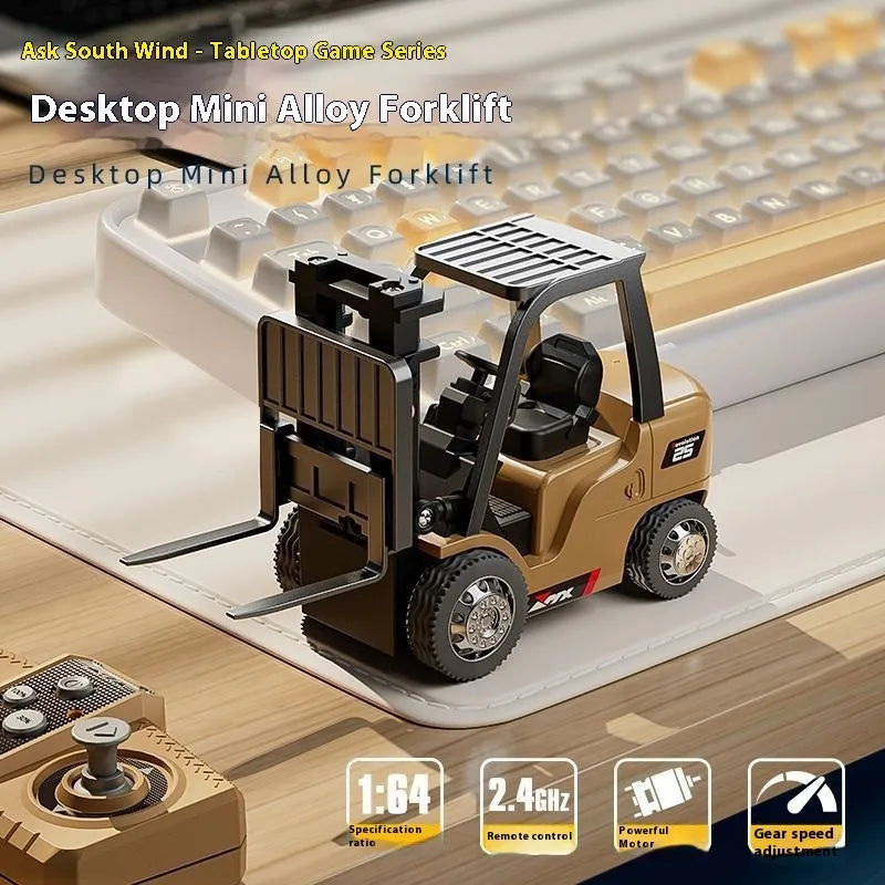 1:64 scale mini alloy forklift remote control toy with remote and accessories on white background