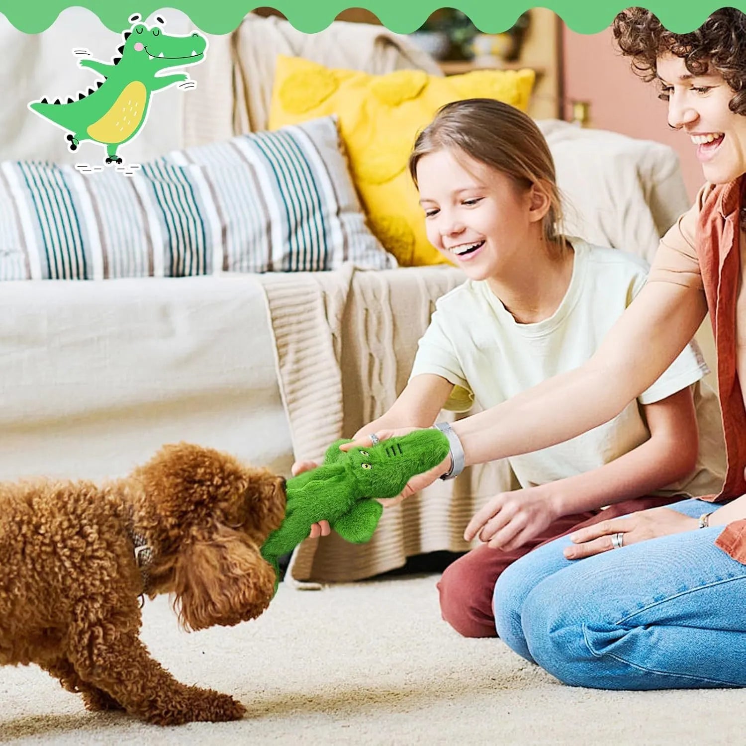 Green crocodile squeaky dog toy with no-stuffing design for aggressive chewers