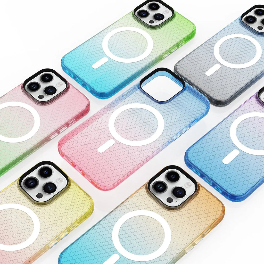 Magnetic phone case honeycomb pattern drop-resistant TPU for iPhone 13 14 15 series transparent