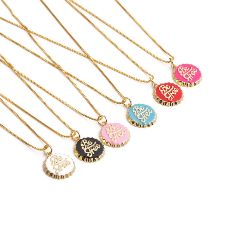 Copper bottle cap pendant necklace with electroplated finish on 40cm box chain