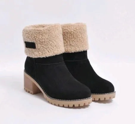 Women's suede mid-tube snow boots with thick platform sole in khaki colour