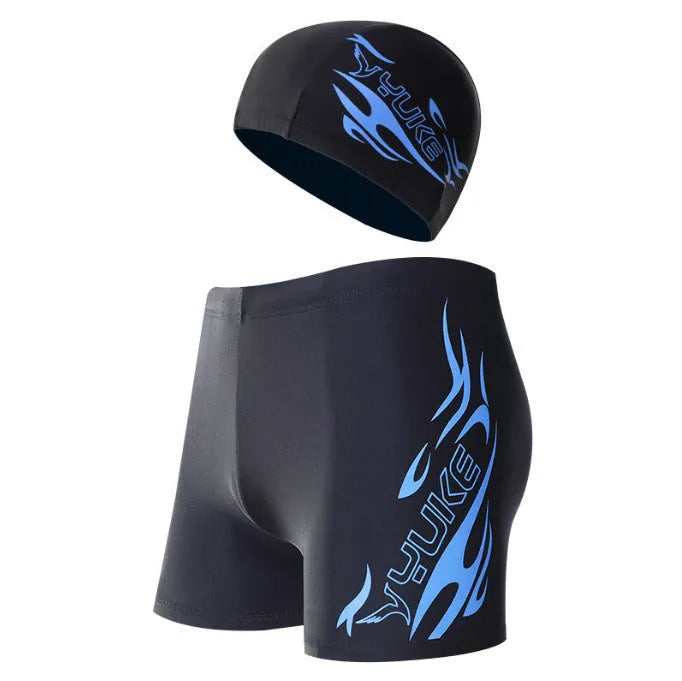 Men's plus size boxer swimming trunks with fire pattern and matching swimming cap.