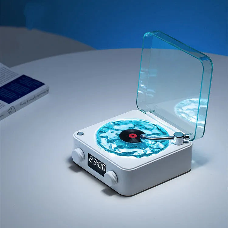 Retro turntable speaker with transparent water ripple turntable, Bluetooth 5.0, and white noise feature in a compact design