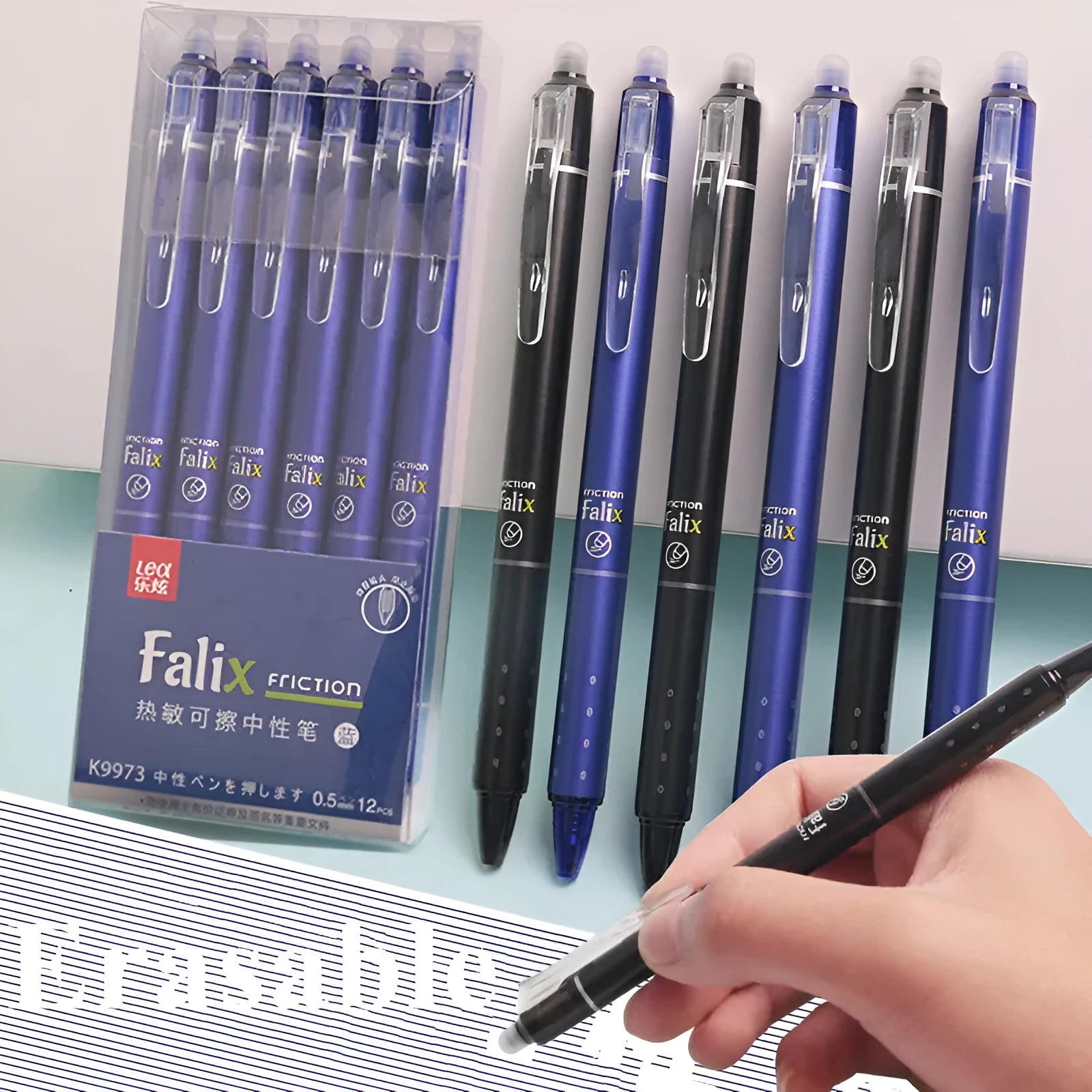Blue and black erasable push gel pen with 0.5mm stainless steel nib for school use
