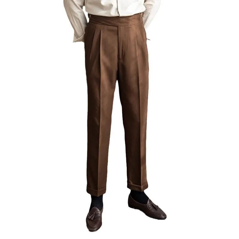 Men's high waist straight leg casual trousers in black, brown, khaki, or white.
