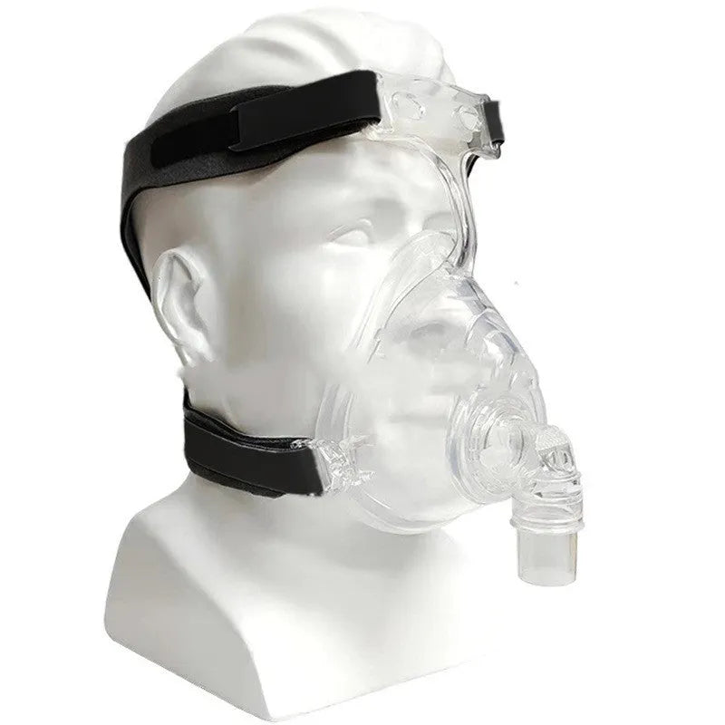 Transparent CPAP breathing mask with medical silicone seal and dual rotary elbows for ventilator connection