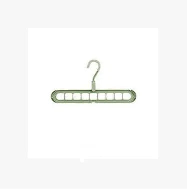 Plastic clothes hanger with rotating hook in pink and green colours on a rail.