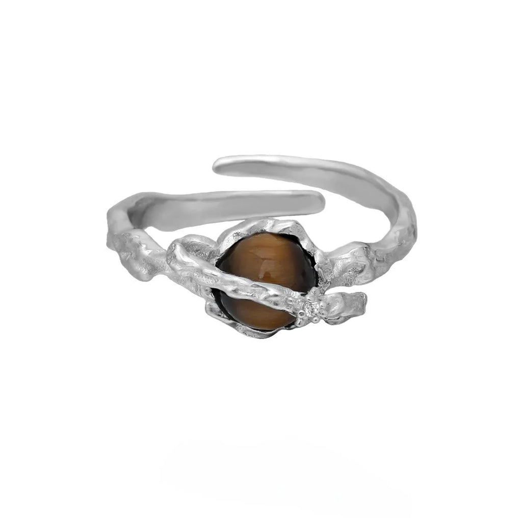 Women's adjustable silver open ring with Saturn design and white gold colour finish.