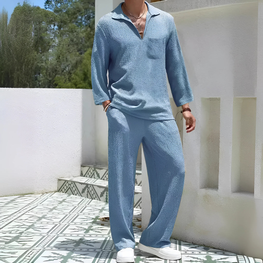 Men's casual polyester shirt and trousers commuter suit in four colour options for autumn leisure wear