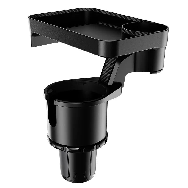 Black car dinner tray holder with 360-degree rotating mechanism mounted in vehicle cup holder