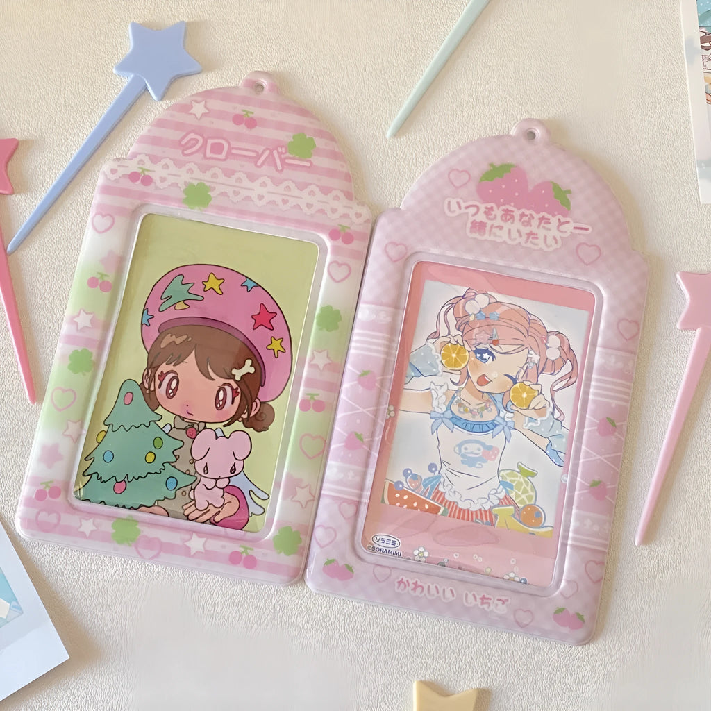 Cartoon plaid PVC card holder pendant in strawberry and four-leaf clover styles for 3-inch cards.