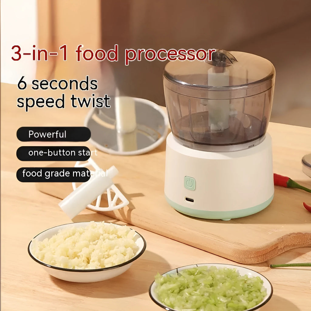 Mini electric meat grinder with transparent processing cup and stainless steel blades in white or light green