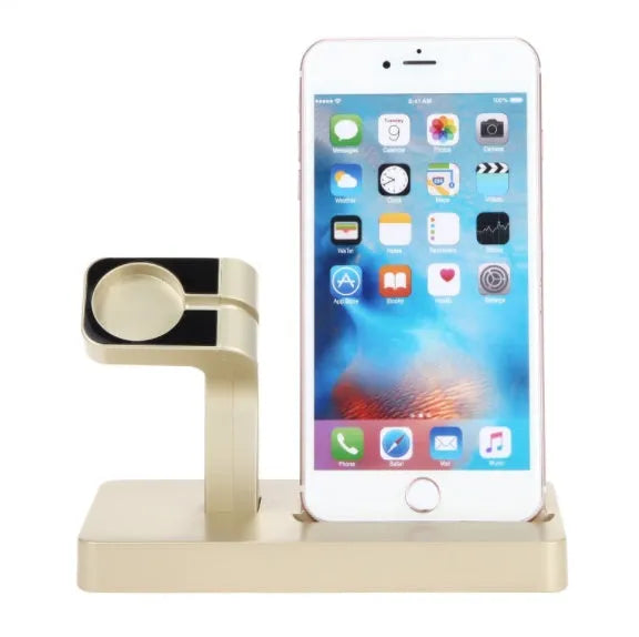 White 2-in-1 desktop charging dock holding an iPhone and an Apple Watch, showing cable cutout and non-slip base.