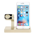 White 2-in-1 desktop charging dock holding an iPhone and an Apple Watch, showing cable cutout and non-slip base.