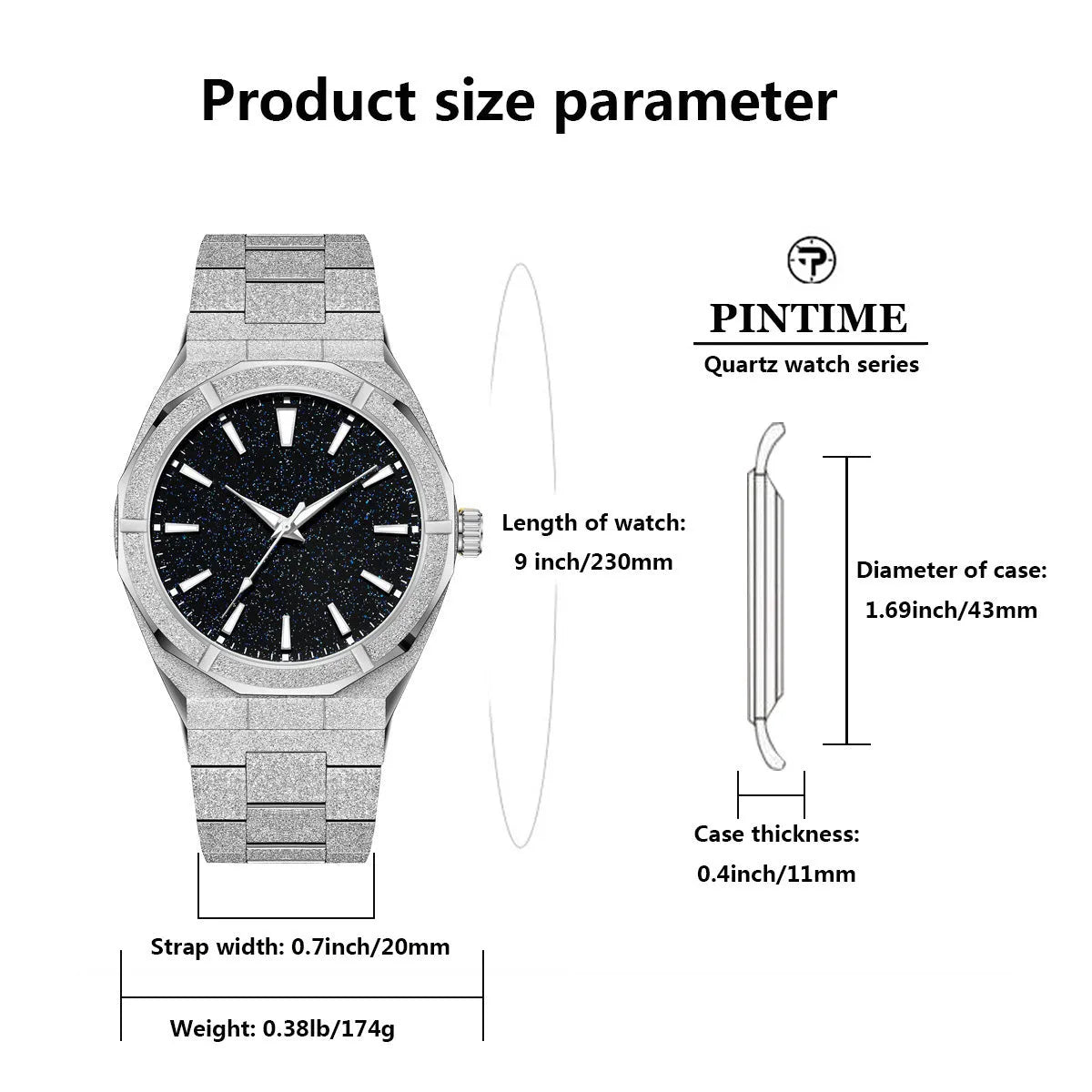 Men's stainless steel business watch with frosted finish and luminous hands in silver colour