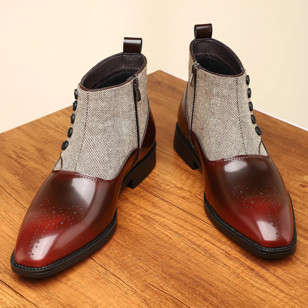 Men's brown and green retro-style formal shoes with side zipper and square toe.