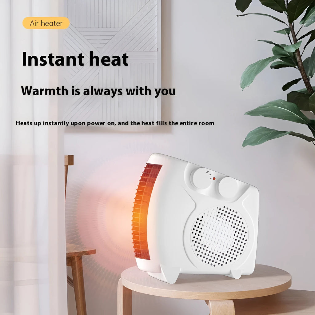 Small white electric heater with compact dimensions for desktop or home office heating