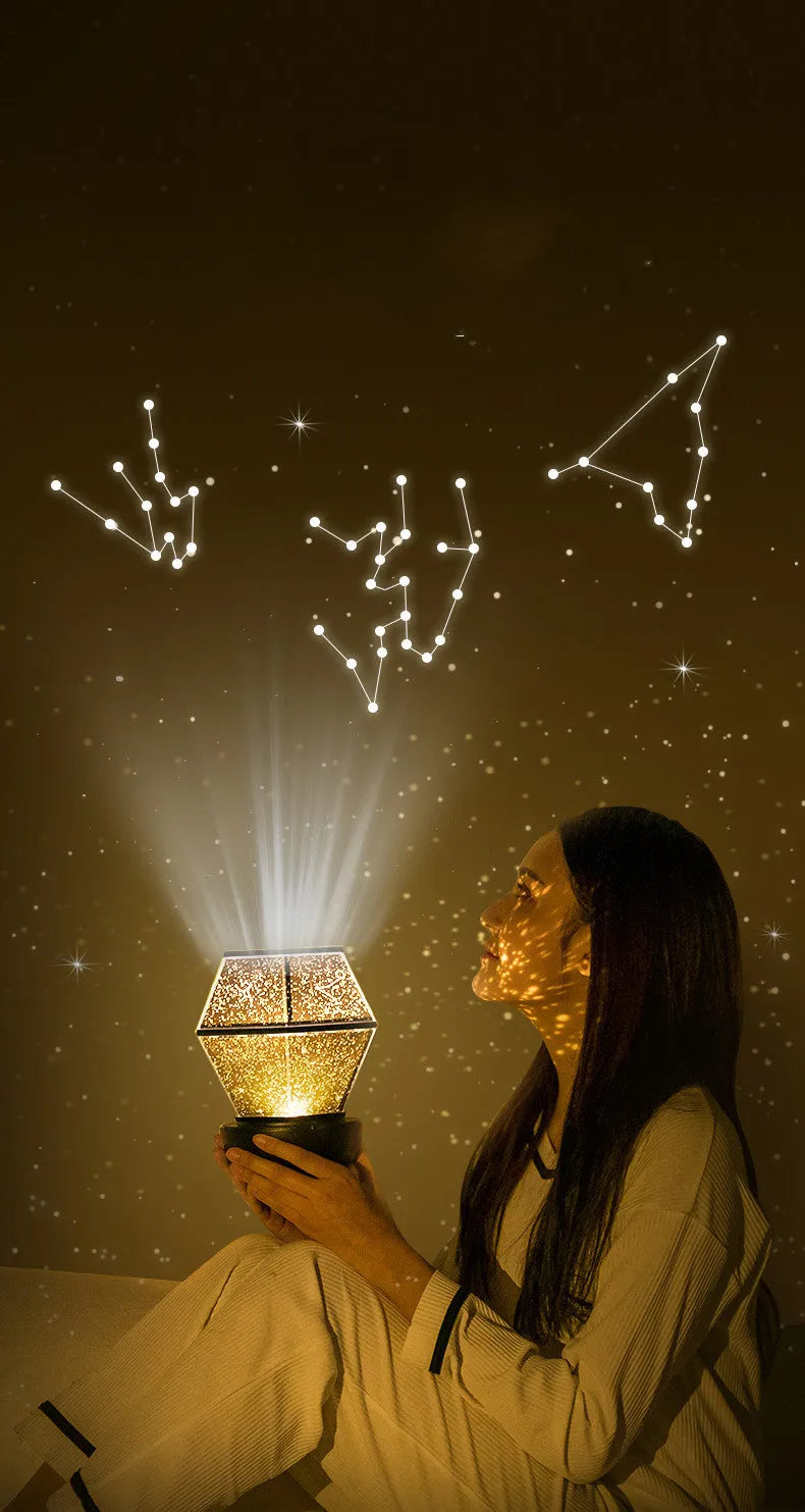 Children's rotating stars LED night light projecting three colour patterns on bedroom ceiling
