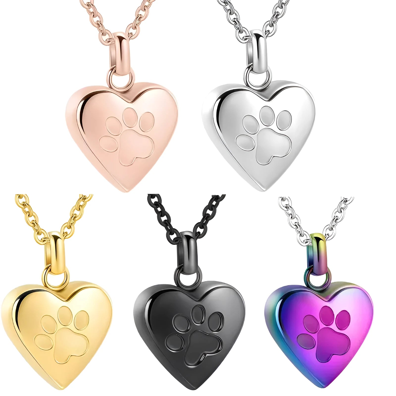 Titanium steel heart pendant necklace with opening casket mechanism and paw print detail