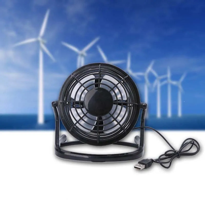 Mini USB desk fan with adjustable angle in black, white, or blue colours for quiet computer cooling