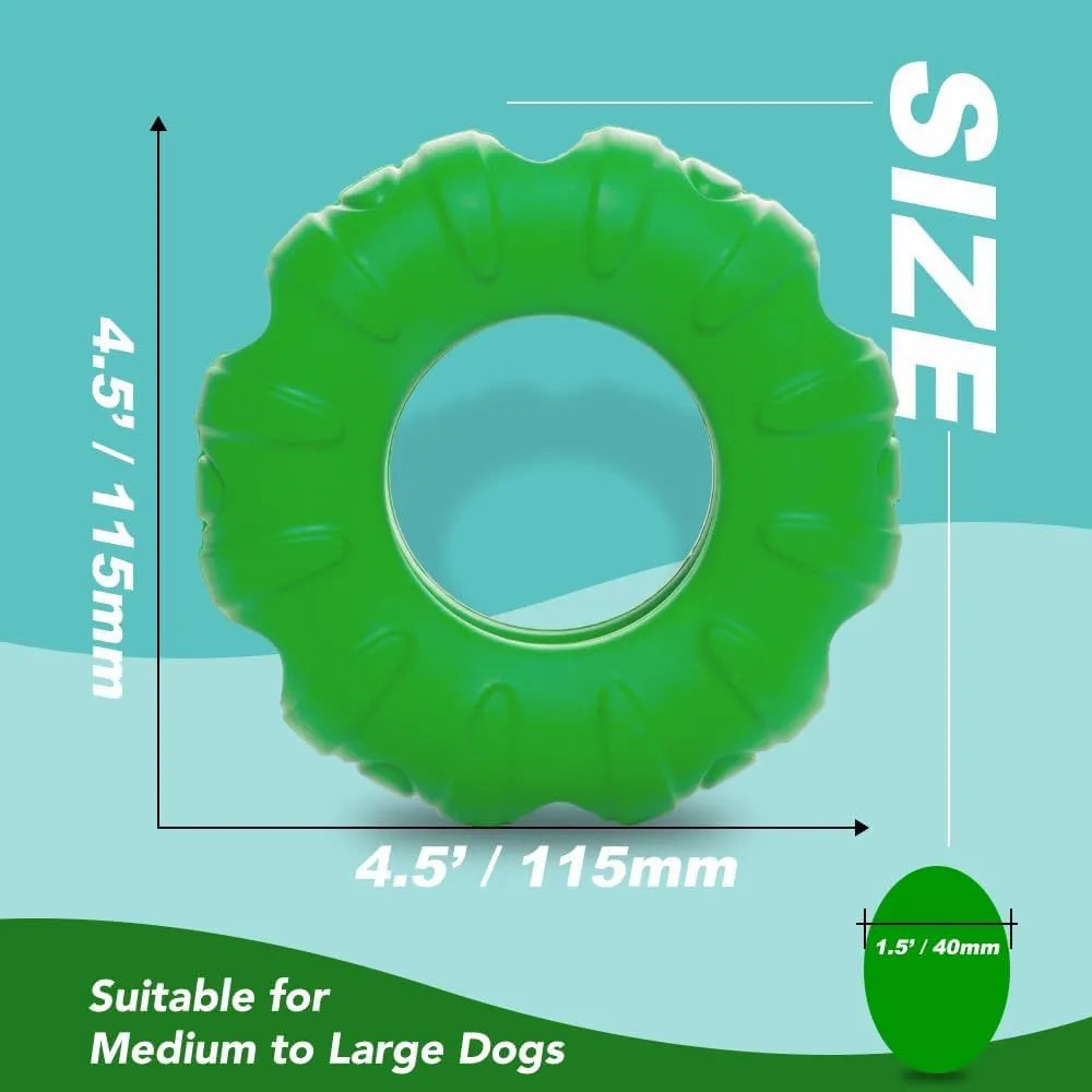 Blue tyre-shaped dog chew toy with oval openings for treat dispensing