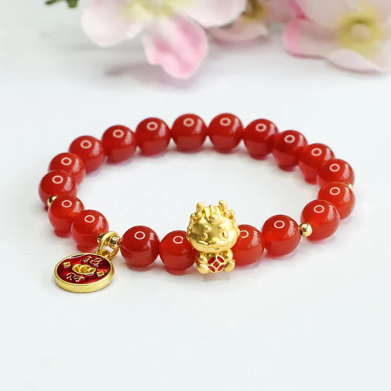Close-up of a red agate bead dragon zodiac bracelet with 8mm beads in a Chinese style.