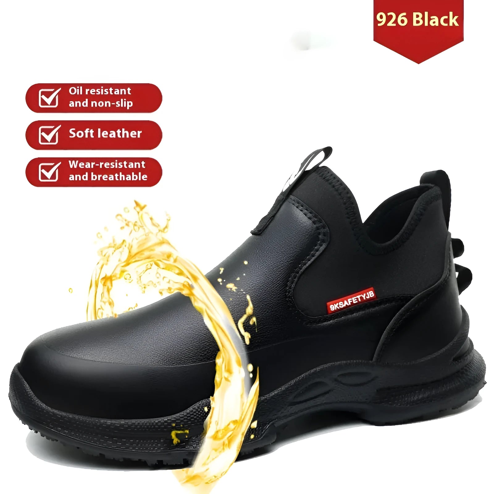 Black men's waterproof work safety shoes with high cut microfiber leather upper and anti-slip rubber soles
