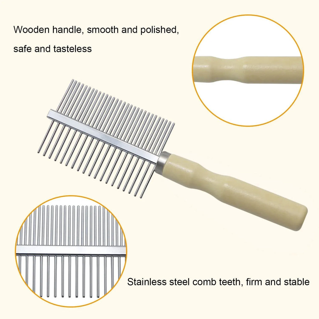 Wooden handle pet grooming comb for dogs and cats on a plain background