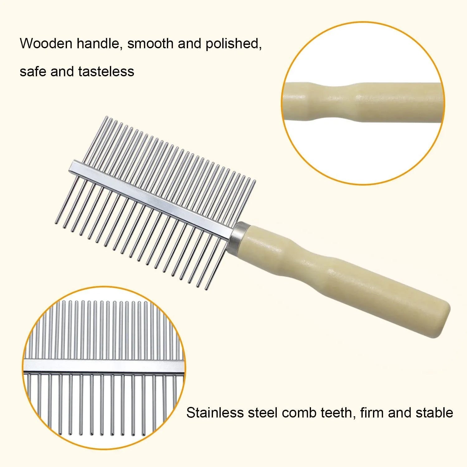 Wooden handle pet grooming comb for dogs and cats on a plain background