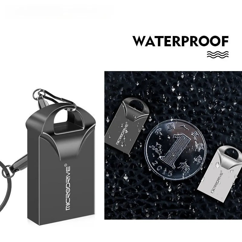 Mini metal USB flash drive in black and silver showing compact 23x12x8mm dimensions