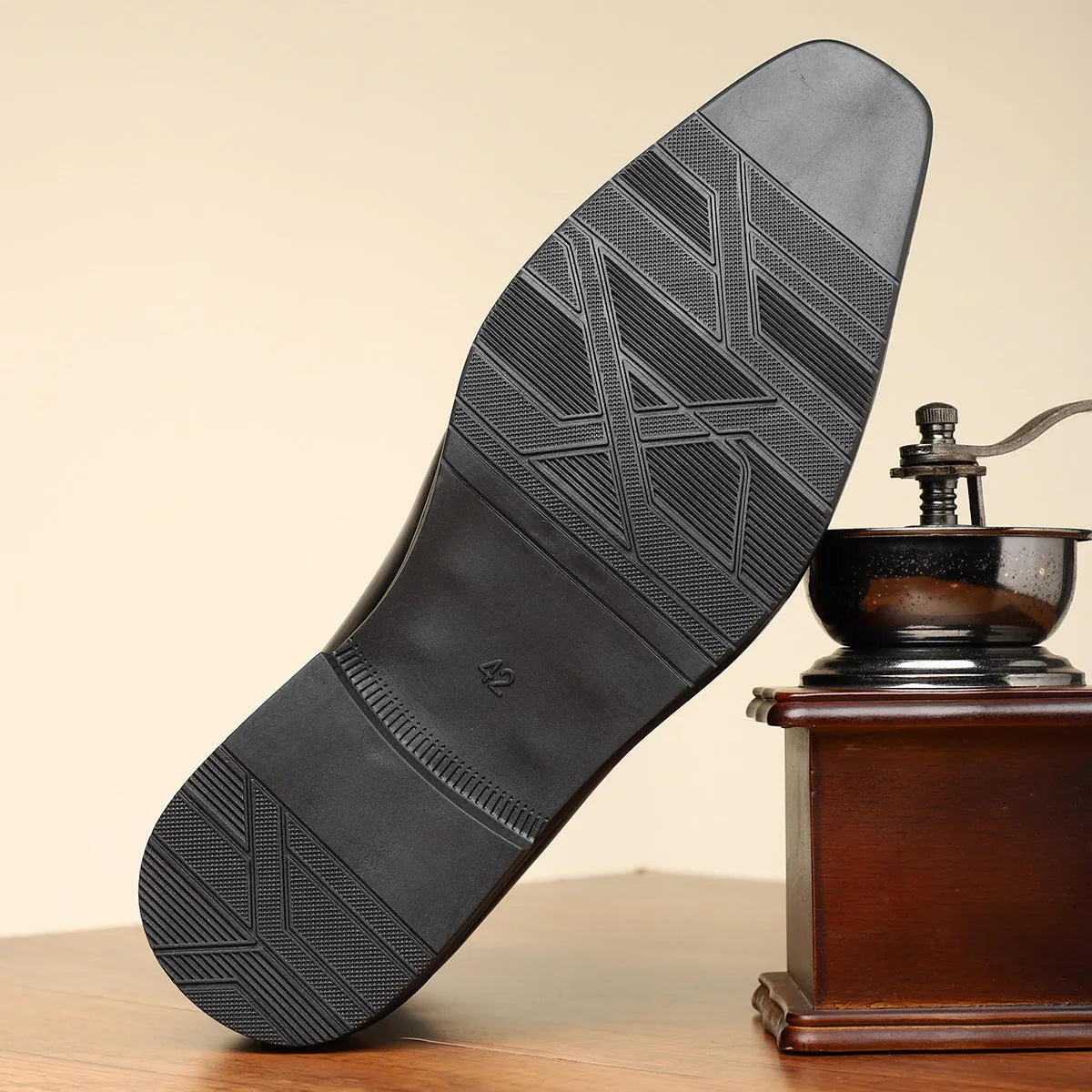 Men's brown and green retro-style formal shoes with side zipper and square toe.