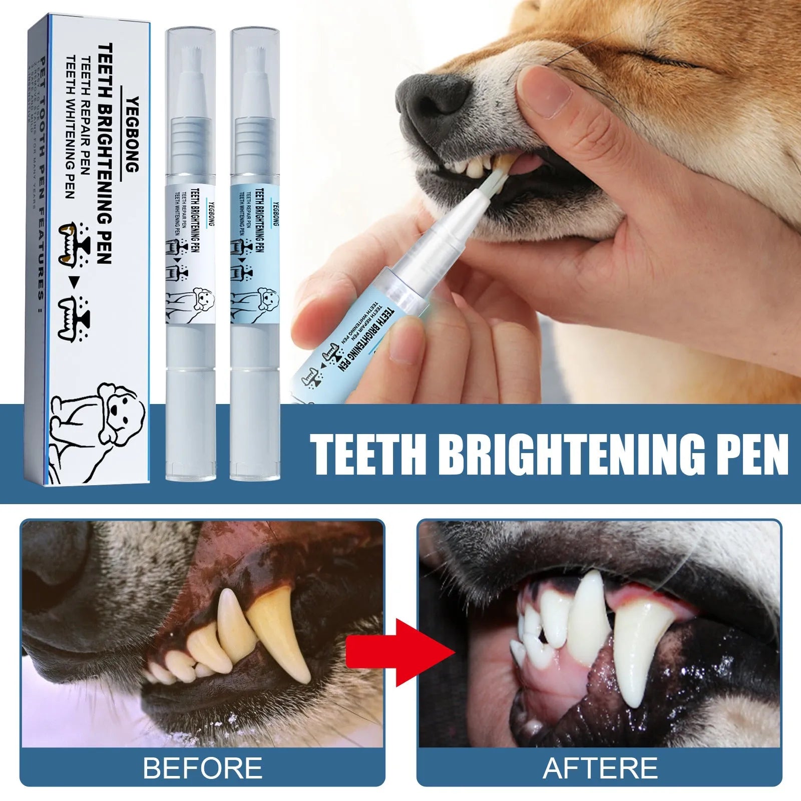 Yegbong pet teeth whitening pen with dental brush applicator for dogs and cats.