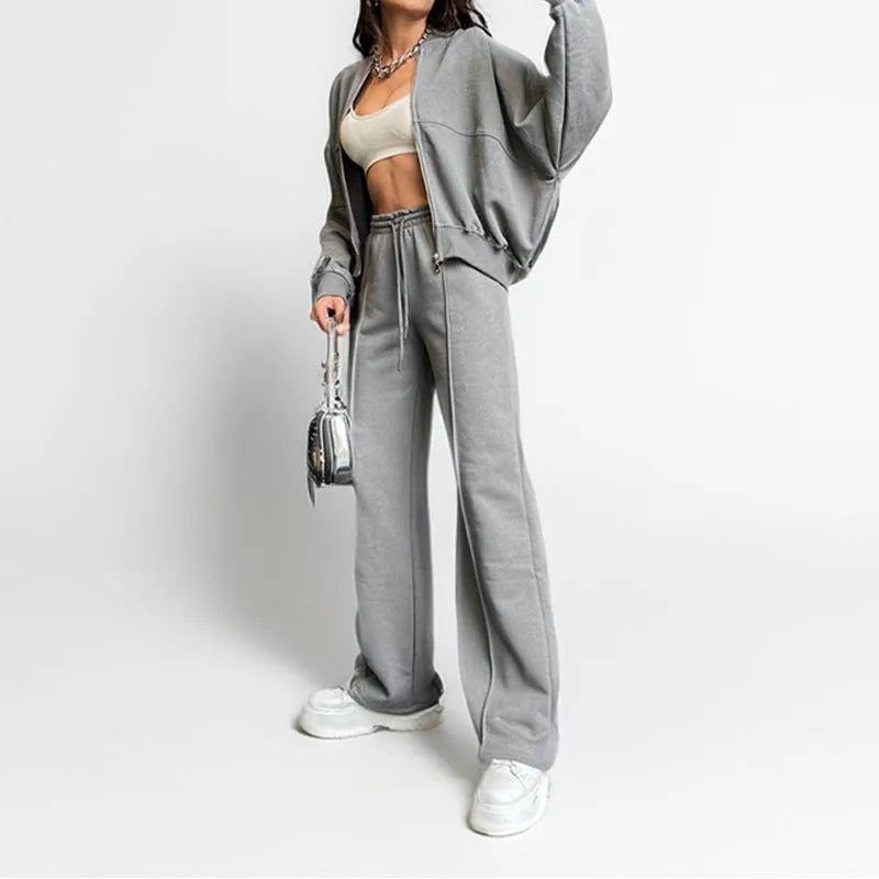 Women's casual suit set in loose fit, solid colour, polyester fabric, top and pants matching set
