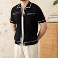 Slim fit lapel collar polo shirt with short sleeves in black knitted fabric