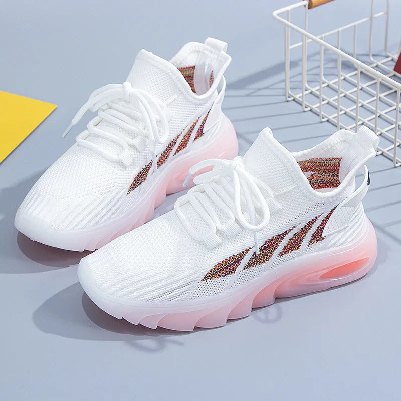 Women's cowhide high-top sports casual shoes in white with a flat heel and round toe.