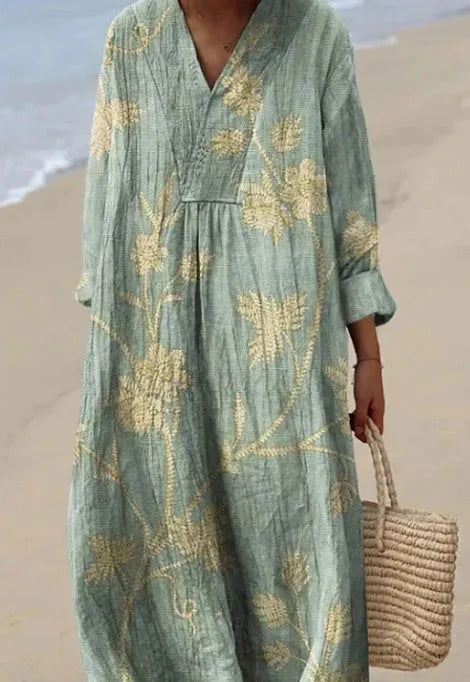 Casual floral shirt dress with 3D printed sleeve pattern showing princess cut silhouette and wide waist styling
