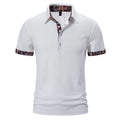 Men's polo shirt in a cotton blend fabric with colour stitching on the turnover collar and short sleeves.