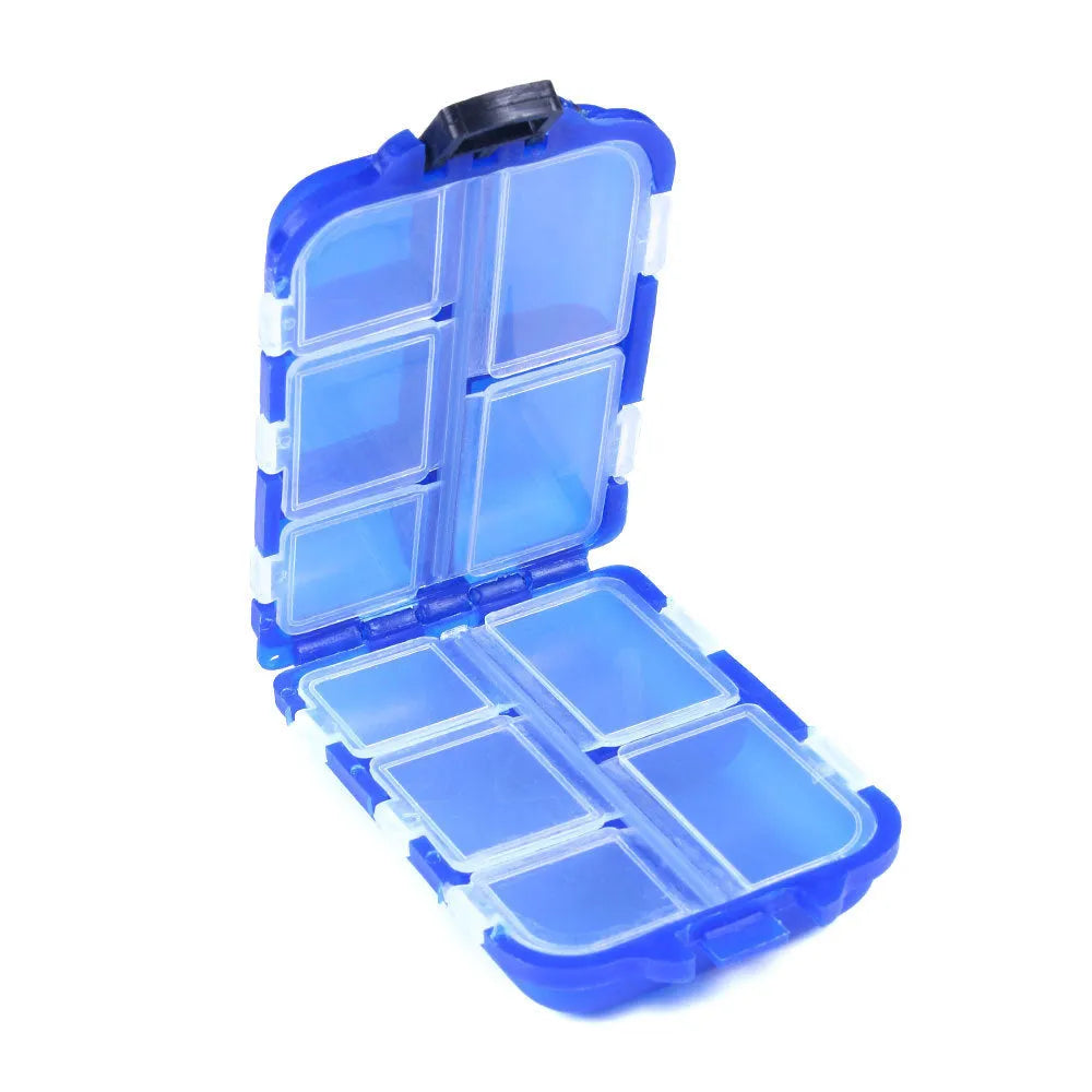 Plastic fishing tackle storage box with 10 compartments in black, blue, or green