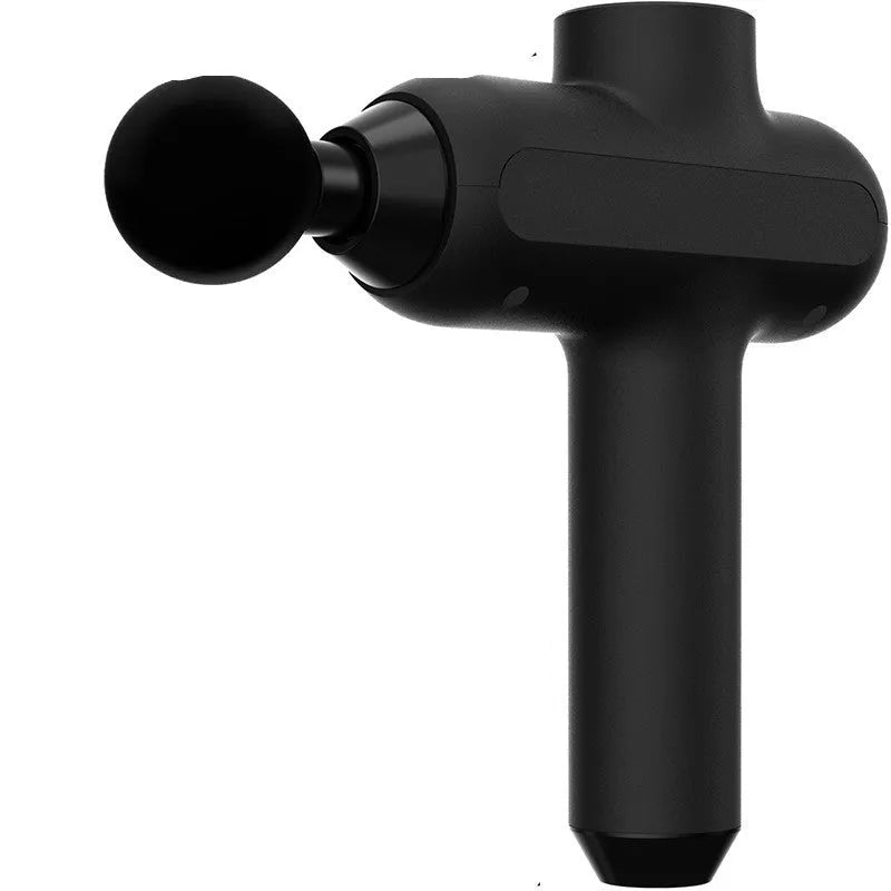 Rechargeable muscle massage gun with six different coloured massage heads on a black background.